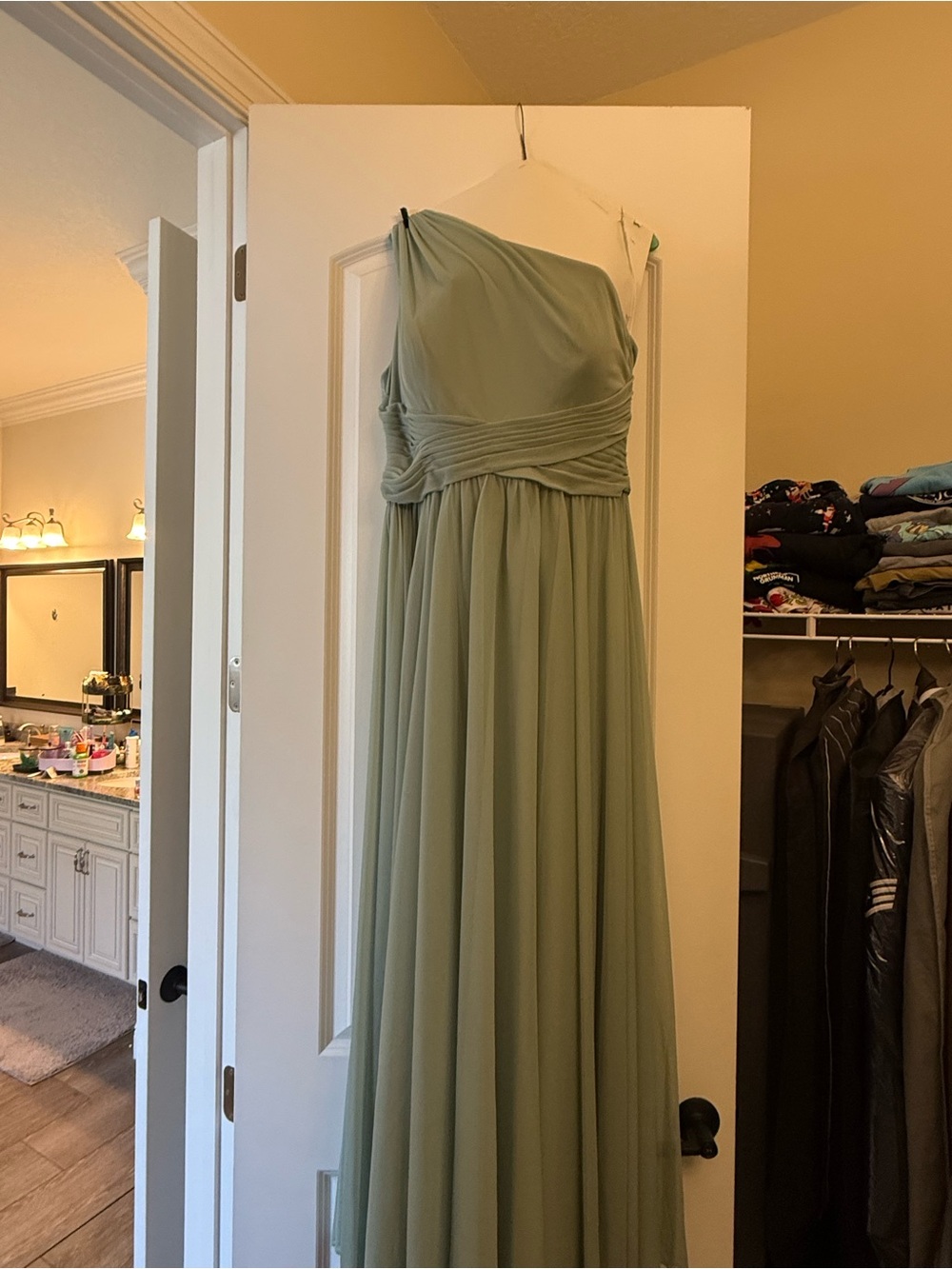 David's Bridal One-Shoulder Sage Green Chiffon Gown